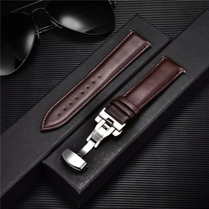 Storazone Smooth Genuine Calfskin Leather Watchband 18mm 20mm 22mm 24mm Straps with Solid Automatic Butterfly Buckle Business Watch Band