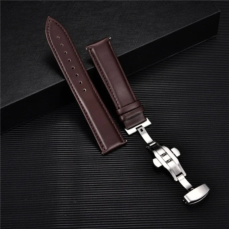 Storazone Smooth Genuine Calfskin Leather Watchband 18mm 20mm 22mm 24mm Straps with Solid Automatic Butterfly Buckle Business Watch Band