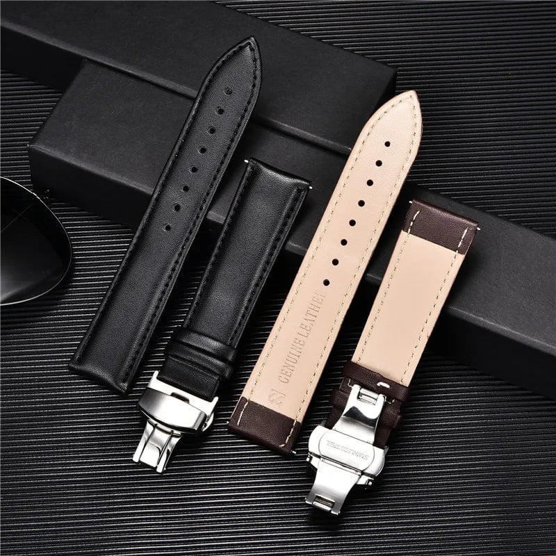 Storazone Smooth Genuine Calfskin Leather Watchband 18mm 20mm 22mm 24mm Straps with Solid Automatic Butterfly Buckle Business Watch Band