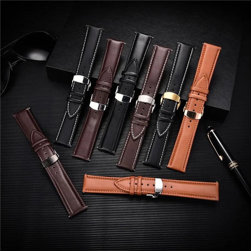 Storazone Smooth Genuine Calfskin Leather Watchband 18mm 20mm 22mm 24mm Straps with Solid Automatic Butterfly Buckle Business Watch Band