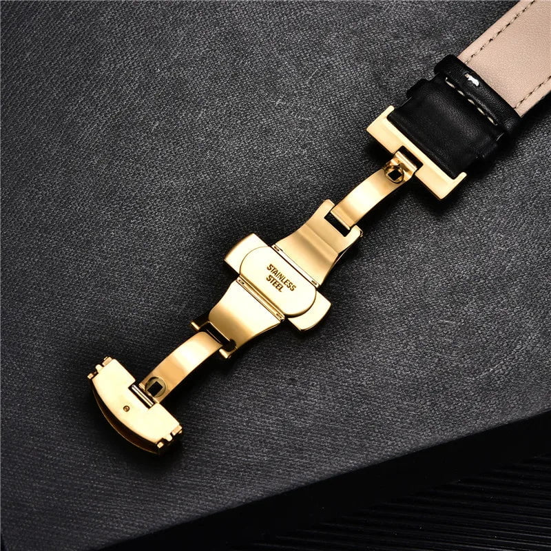 Storazone Smooth Genuine Calfskin Leather Watchband 18mm 20mm 22mm 24mm Straps with Solid Automatic Butterfly Buckle Business Watch Band