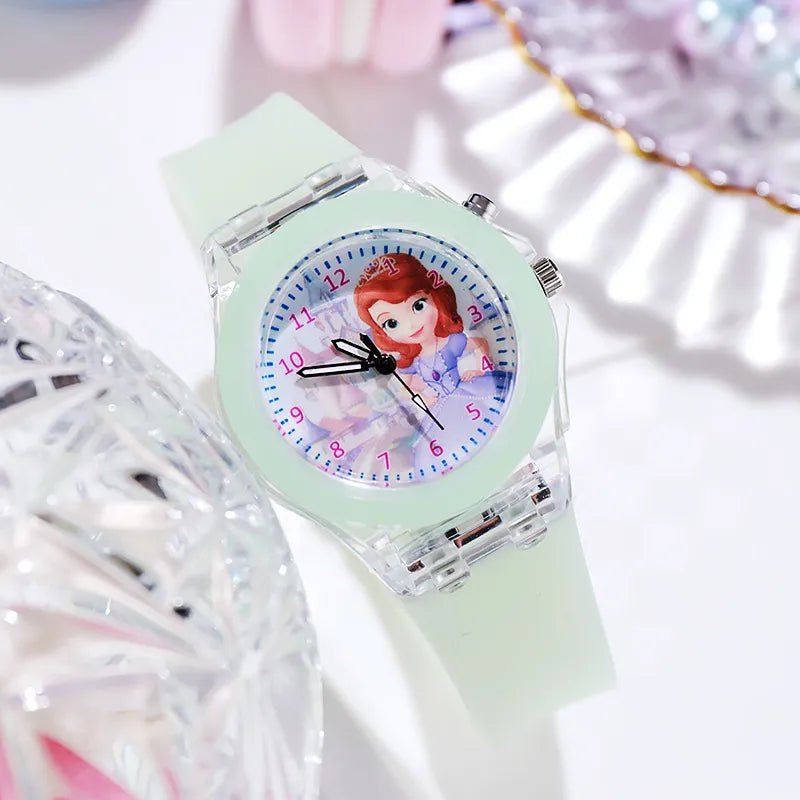 Storazone Sophia Green Disney Girls Kids Watches Children Watch Frozen Princess Aisha Sophia Luminous Student Colorful LED Light Women Lady Clock