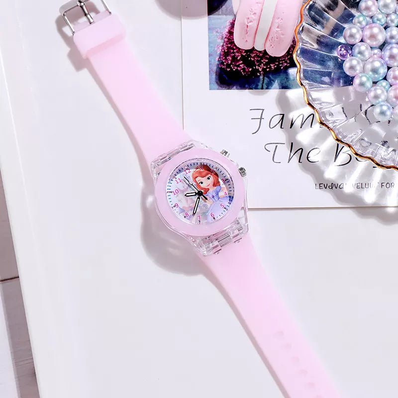 Storazone Sophia Pink Disney Girls Kids Watches Children Watch Frozen Princess Aisha Sophia Luminous Student Colorful LED Light Women Lady Clock
