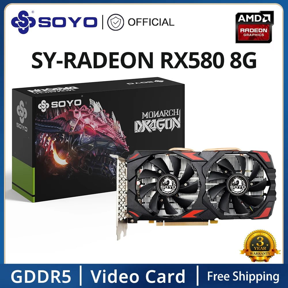 Storazone SOYO Radeon RX580 8G Graphics Card GDDR5 Memory Video Gaming Card PCIE3.0x16 HDMI-compatible DP DVI for Desktop AMD Card