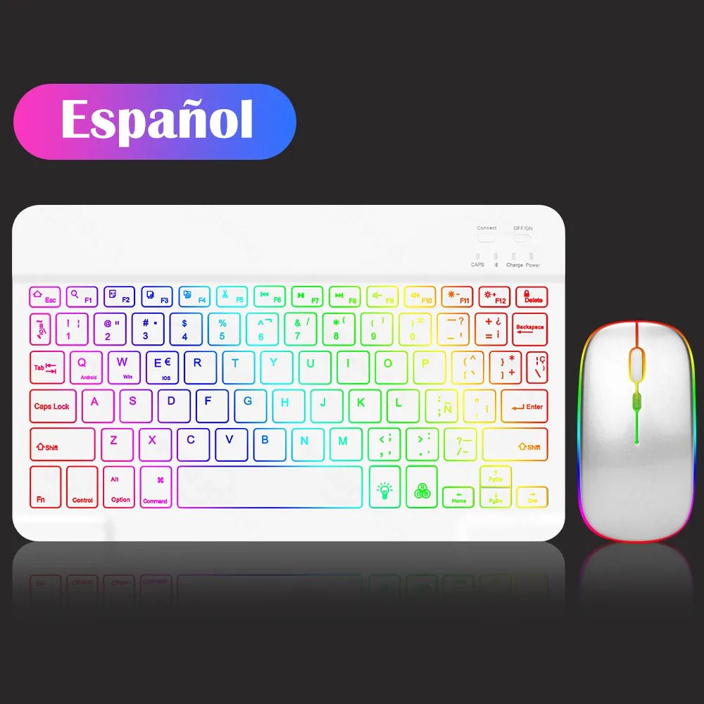 Storazone Spanish White 10inch Backlit For iPad Keyboard and Mouse Backlight Bluetooth Keyboard For IOS Android Windows Wireless Keyboard and Mouse