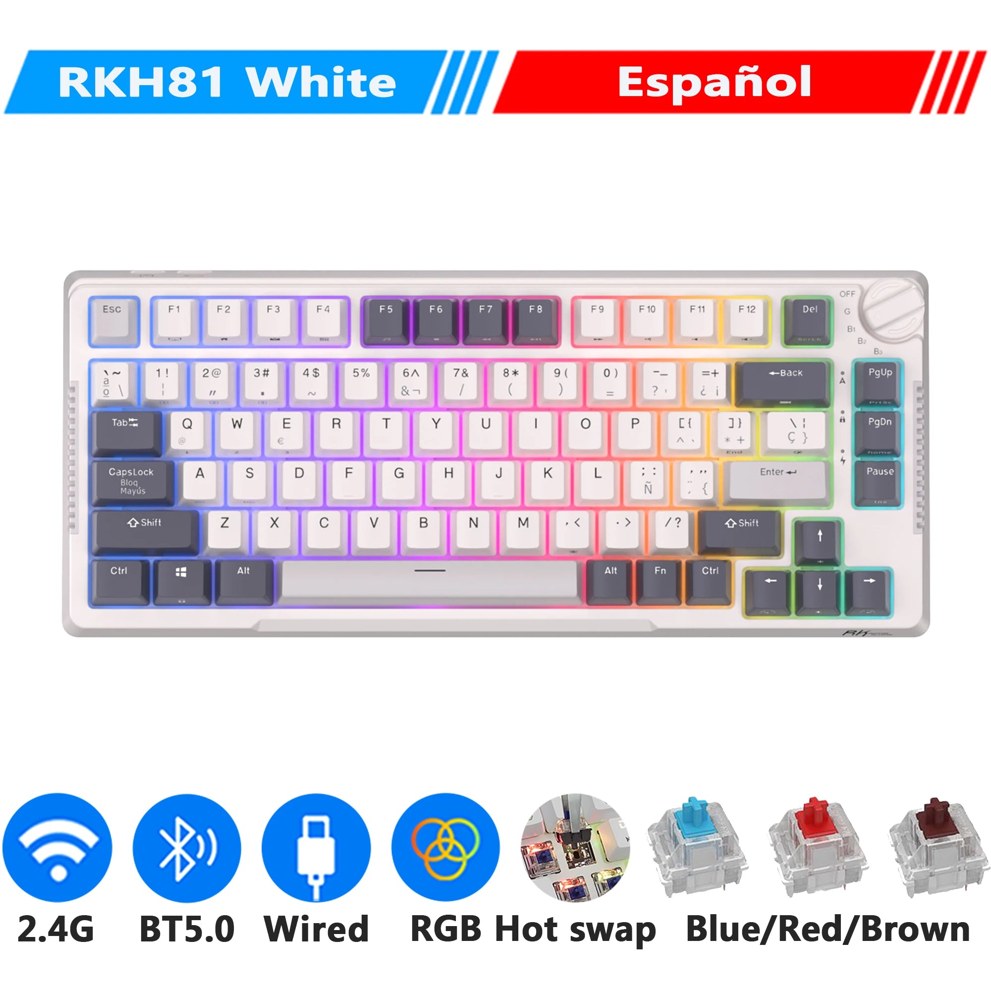 Storazone Spanish White / Blue Switch / CHINA RK H81 Royal Kludge Gasket Structure Tri-mode Mechanical Keyboard 81 Key 80% RGB Backlit 2.4G Wireless Bluetooth Gamer Keyboard