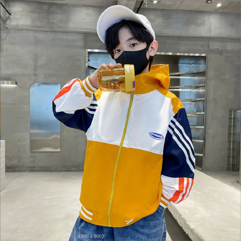 Storazone Spring Clothes Boys Jacket For Children Outwear Jacket Boys 4-14 Years Hooded Vertical Stripes mid-length Windbreaker For Boys