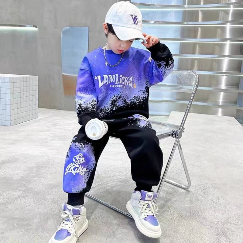 Storazone Spring Teenage Boy Clothes Set Letter Gradient Sweatshirt Pullover and Pants Suit Children's Boys Top and Bottom 2pcs Tracksuit