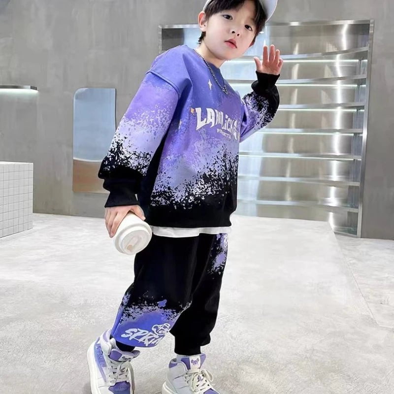 Storazone Spring Teenage Boy Clothes Set Letter Gradient Sweatshirt Pullover and Pants Suit Children's Boys Top and Bottom 2pcs Tracksuit