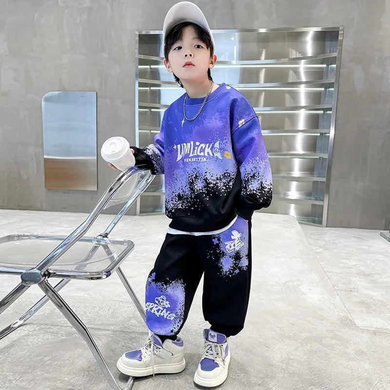 Storazone Spring Teenage Boy Clothes Set Letter Gradient Sweatshirt Pullover and Pants Suit Children's Boys Top and Bottom 2pcs Tracksuit