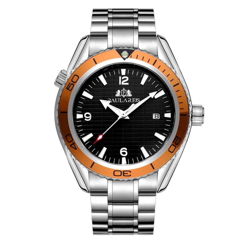 Storazone Steel Orange Automatic Self Wind Mechanical Stainless Steel Strap Simple Orange Blue Bezel  Date Business Men Watch