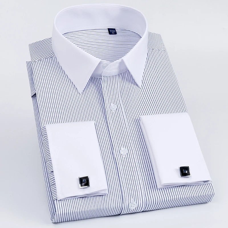 Storazone Stripe / 38 Men's French Cuff Dress Shirt Long Sleeve Slim Fit Tuxedo Shirts  with Cufflinks Poly/Cotton Double Button Collar