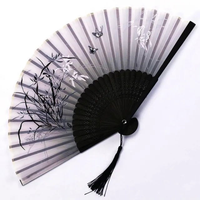 Storazone Style 1 Chinese Japanese Folding Fan Wooden Shank Classical Dance Fan Tassel Elegent Female Fan Party Art Craft Gift Home Decoration