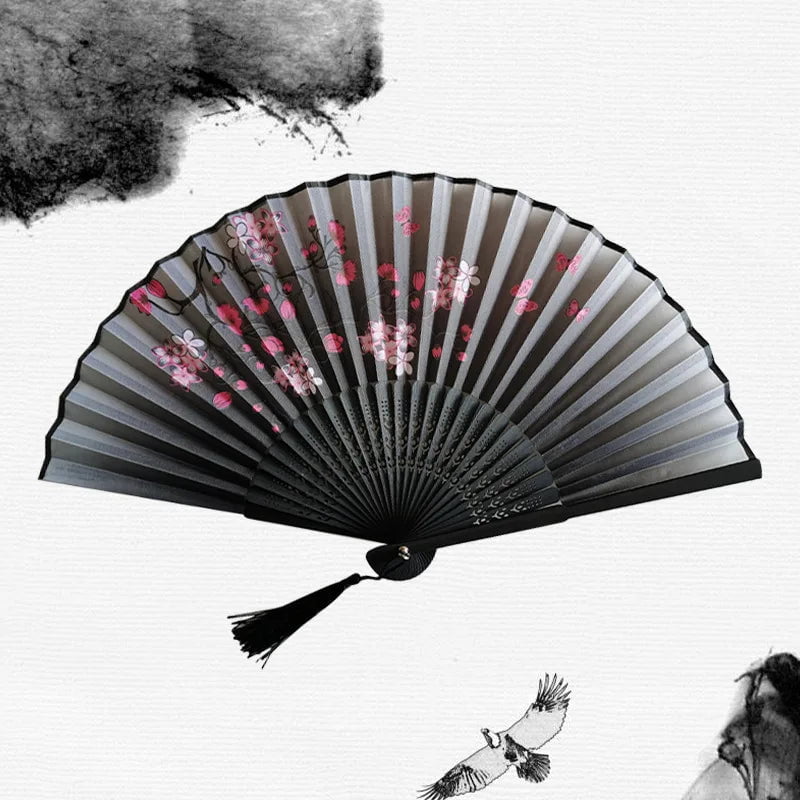 Storazone STYLE  11-2 Chinese Japanese Folding Fan Wooden Shank Classical Dance Fan Tassel Elegent Female Fan Party Art Craft Gift Home Decoration