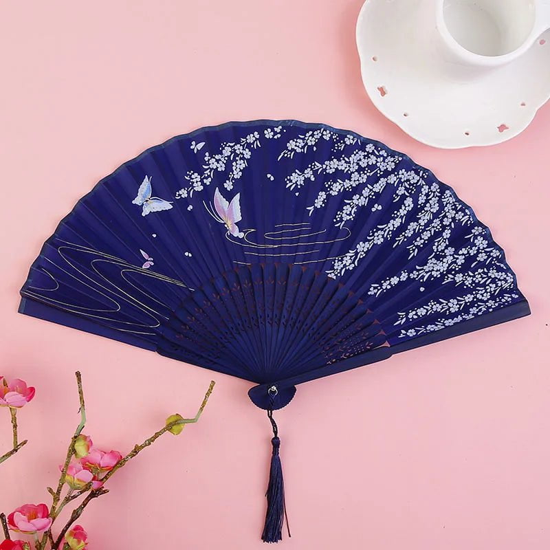 Storazone Style 25 Chinese Japanese Folding Fan Wooden Shank Classical Dance Fan Tassel Elegent Female Fan Party Art Craft Gift Home Decoration