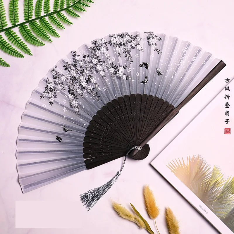 Storazone Style 5 Chinese Japanese Folding Fan Wooden Shank Classical Dance Fan Tassel Elegent Female Fan Party Art Craft Gift Home Decoration