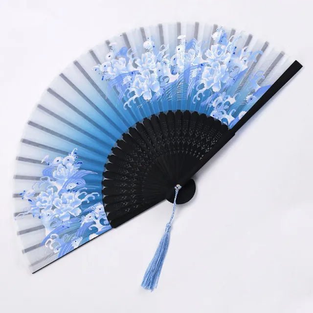 Storazone Style 6 Chinese Japanese Folding Fan Wooden Shank Classical Dance Fan Tassel Elegent Female Fan Party Art Craft Gift Home Decoration