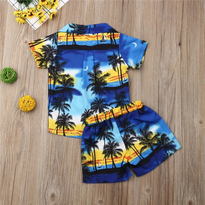 Storazone Summer Hawaiian Style 2Pcs Kids Baby Boys Clothes Outfits Holiday Coconut Tree Print Short Sleeve Shirts+Shorts Boy Sets 1-6Y