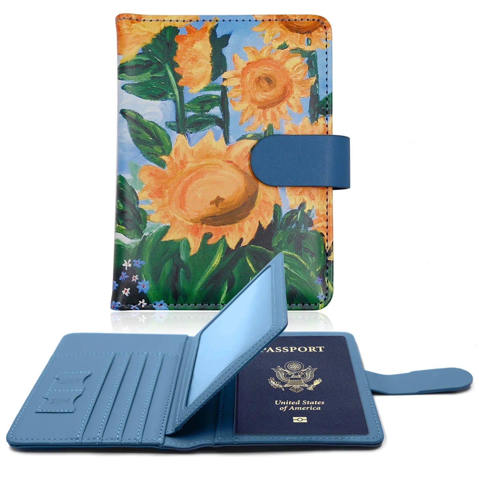 Storazone Sunflower Passport Cover PU Leather Man Women Travel Passport Holder with Credit Card Holder Case Wallet Protector Cover Case