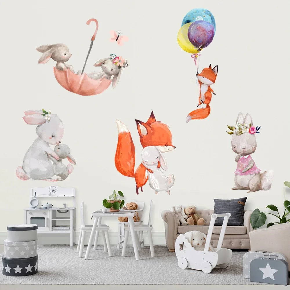 Storazone T Cute Bunny Hearts Wall Stickers for Children Kids Rooms Girls Baby Room Decoration Nursery Kawaii Cartoon Rabbit Wallpaper Vinyl