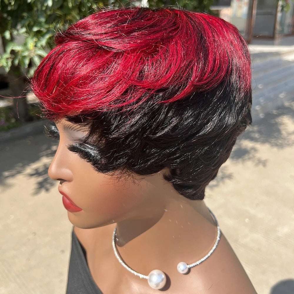 Storazone T1B Red / United States / 6inches Human Hair Wigs Short Pixie Cut Wig Human Hair For Black Women Machine Made Wigs With Bangs Glueless Wig Perruque Cheveux Humain