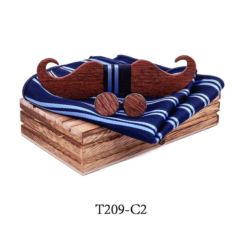 Storazone T209-C2 Mustache Wood Bowtie Handkerchief Cufflinks Sets for Mens Suit Wooden Bow tie dropshipping Bow Tie Bowknots Cravat