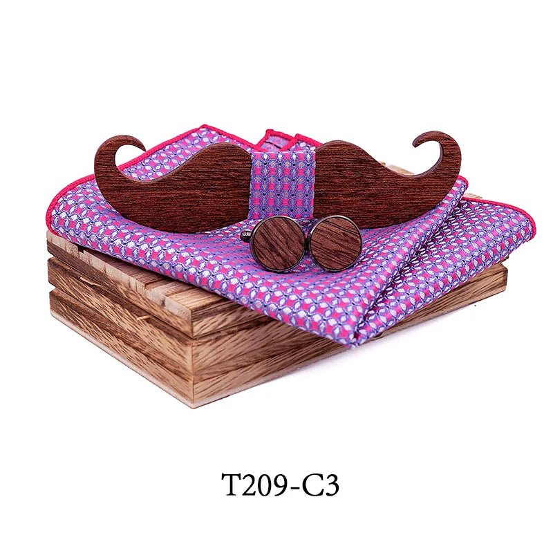 Storazone T209-C3 Mustache Wood Bowtie Handkerchief Cufflinks Sets for Mens Suit Wooden Bow tie dropshipping Bow Tie Bowknots Cravat