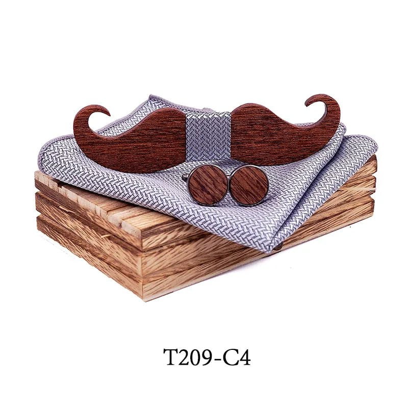 Storazone T209-C4 Mustache Wood Bowtie Handkerchief Cufflinks Sets for Mens Suit Wooden Bow tie dropshipping Bow Tie Bowknots Cravat