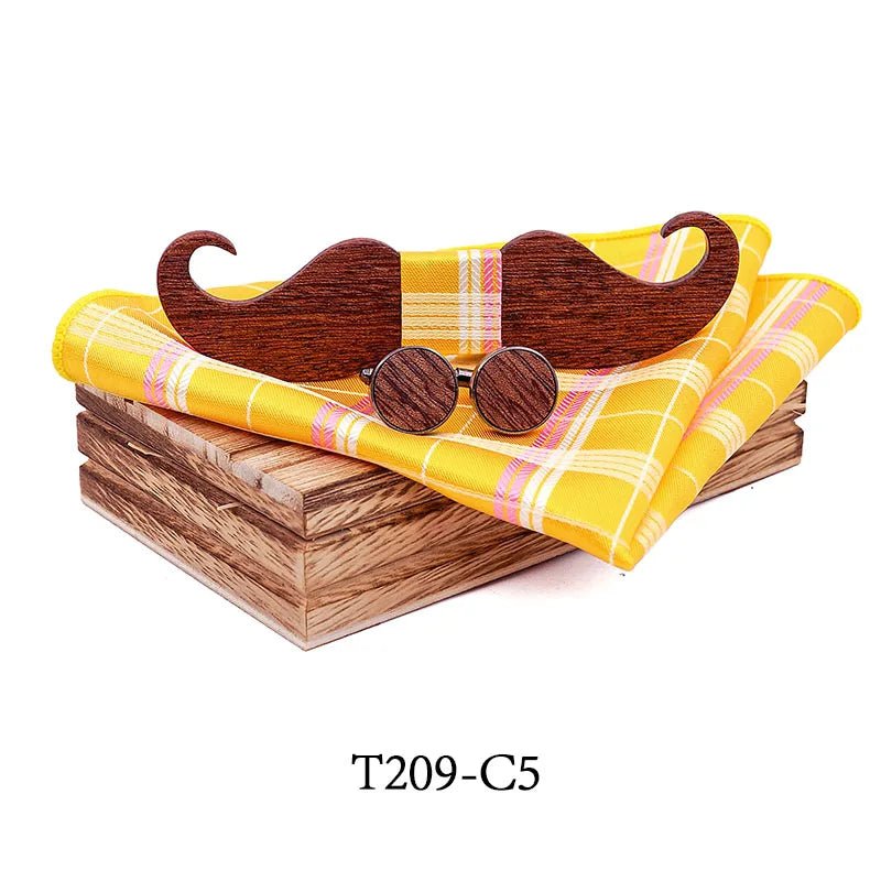 Storazone T209-C5 Mustache Wood Bowtie Handkerchief Cufflinks Sets for Mens Suit Wooden Bow tie dropshipping Bow Tie Bowknots Cravat