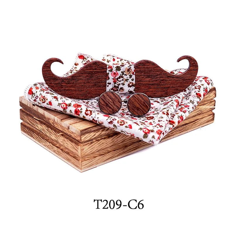 Storazone T209-C6 Mustache Wood Bowtie Handkerchief Cufflinks Sets for Mens Suit Wooden Bow tie dropshipping Bow Tie Bowknots Cravat