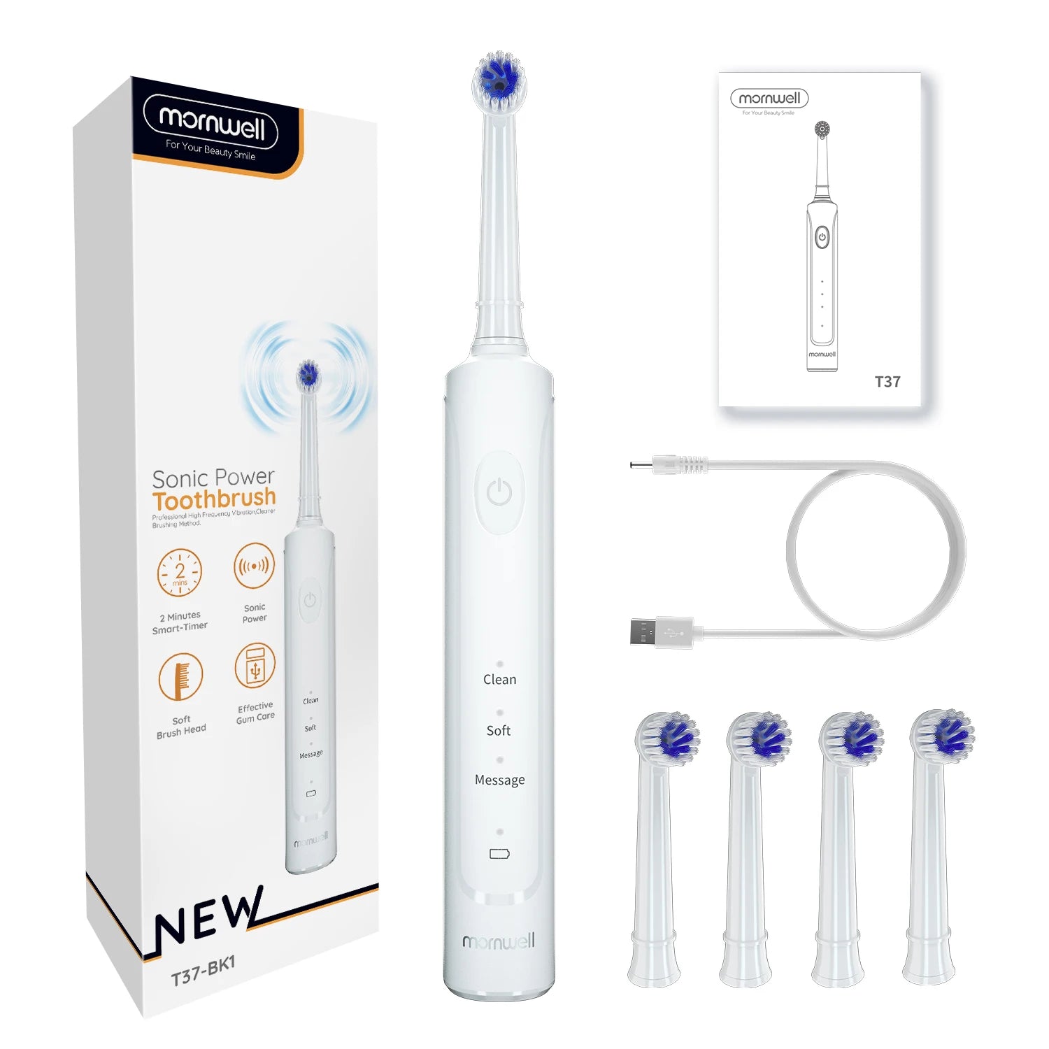 Storazone T37 White / CHINA Mornwell T37 Electric Toothbrush Rotation Clean Teeth Adult Teeth Brush Electric Tooth Brush With 4 Extra Replacement Heads