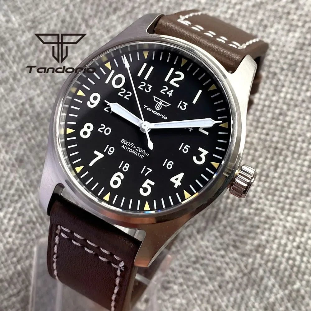 Storazone Tandorio 39mm NH35A 20bar Automatic Dive Pilot Men's Watches Sapphire Glass Green Luminous Dial Leather Strap Screw Crown