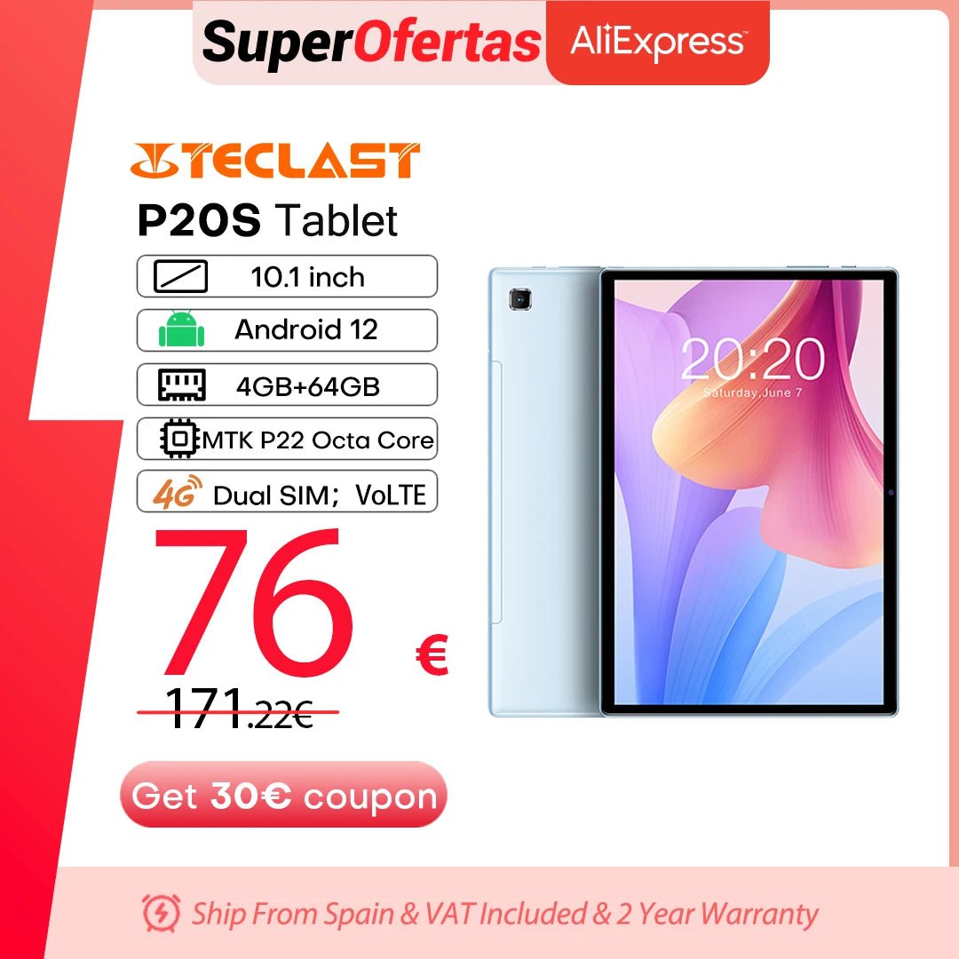 Storazone Teclast P20S 10.1 Inch Tablet Android 12 4GB RAM 64GB ROM 1280X800 IPS MTK P22 Octa Core Dual Cameras 4G Network Wifi GPS Type-C