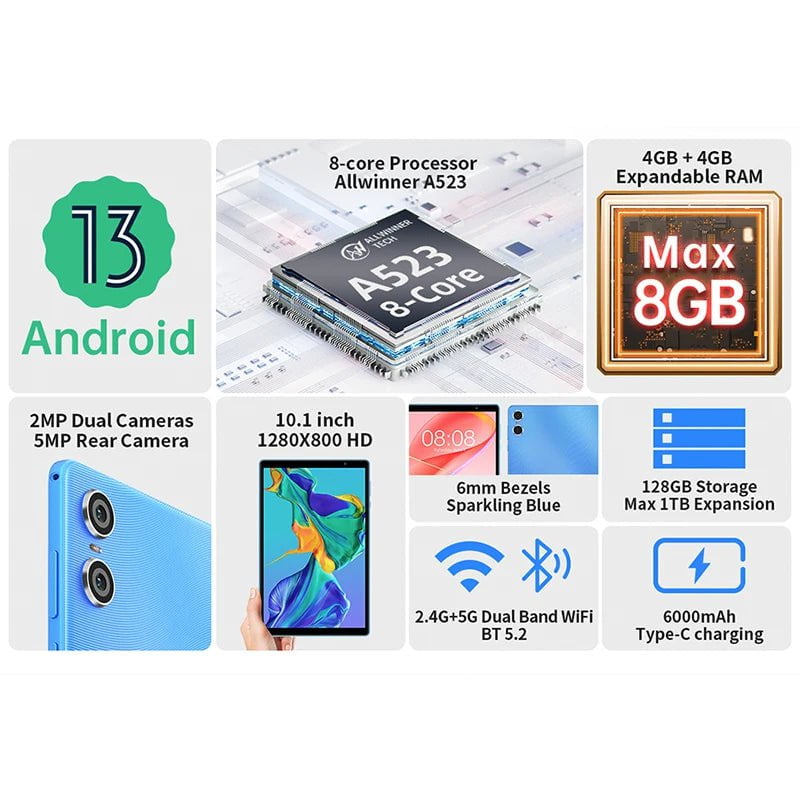 Storazone Teclast P26T Android 13 Tablet 10.1 inch IPS 4GB RAM 128GB ROM A523 8-core Dual-band Wi-Fi Type-C Widevine L1 5000mAh Tablet