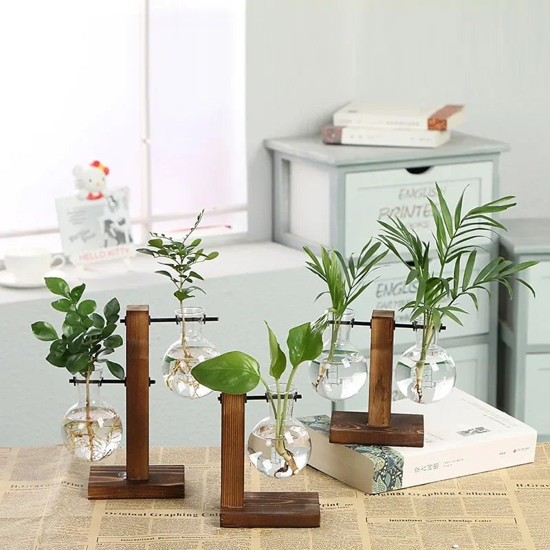 Storazone Terrarium Hydroponic Plant Vases Vintage Flower Pot Transparent Vase Wooden Frame Glass Tabletop Plants Home Bonsai Decor
