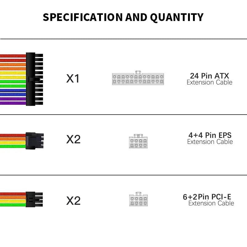 Storazone TEUCER TC-35 Series PSU Extension Cable Kit Solid Color Cable Solid Combo 350mm ATX24Pin PCI-E8Pin CPU8Pin With Combs