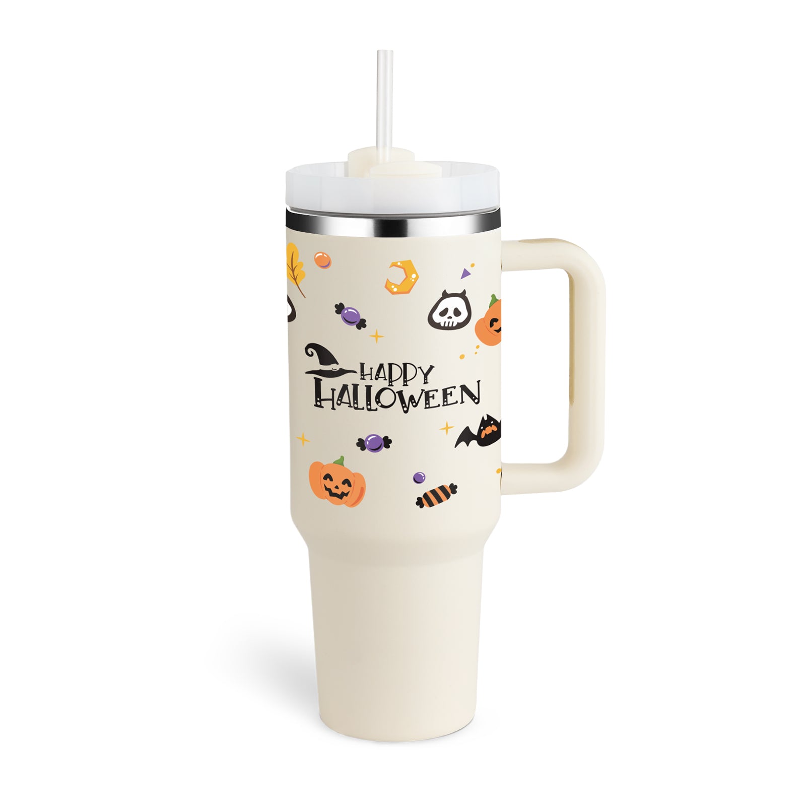 STORAZONE Thermal Halloween Cream white / 1200ML Valentines Day Gift Thermal Mug 40oz Straw Coffee Insulation Cup With Handle Portable Car Stainless Steel Water Bottle LargeCapacity Travel BPA Free Thermal Mug