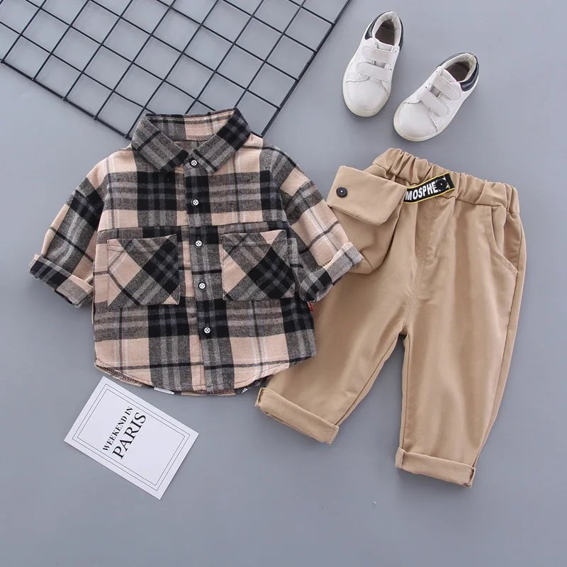 Storazone Toddler Boys Clothes Autumn Winter Kids Plaid Sets Turn-Down Shirt+Pant with Bag 2pcs Outfit Children Clothing Suit For Boy