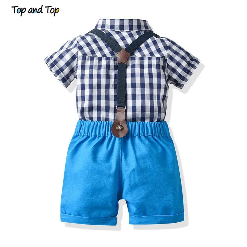 Storazone Top and Top Baby Boys Clothes Set Summer Toddler Plaid Short Sleeve Shirt Tops+Suspenders Shorts Gentleman Suit for Wedding