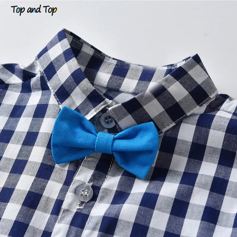 Storazone Top and Top Baby Boys Clothes Set Summer Toddler Plaid Short Sleeve Shirt Tops+Suspenders Shorts Gentleman Suit for Wedding