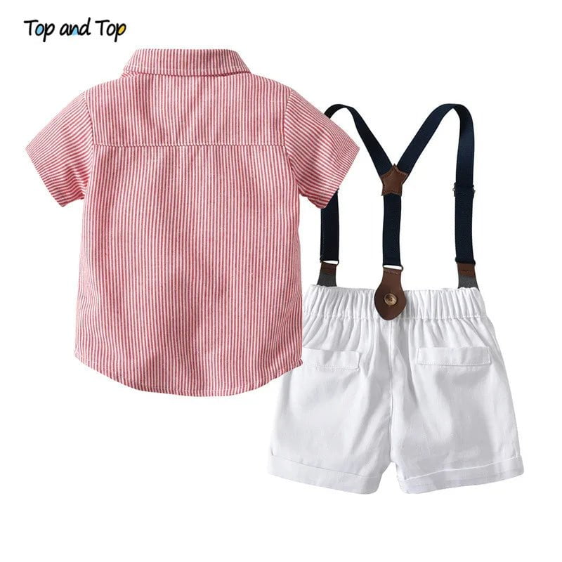 Storazone Top and Top Summer Fashion Children Boys Clothes Sets Short Sleeve Striped Shirt+Overalls Casual Gentleman Suit Bebe