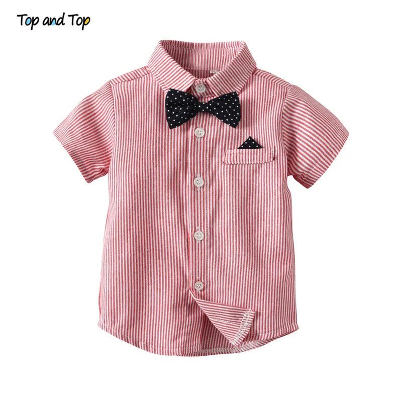 Storazone Top and Top Summer Fashion Children Boys Clothes Sets Short Sleeve Striped Shirt+Overalls Casual Gentleman Suit Bebe