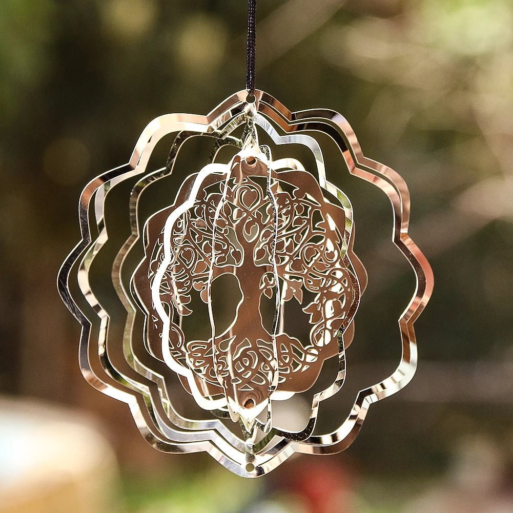 Storazone Tree of Life Wind Spinner Catcher 3D Rotating Pendant Flowing-Light Effect Mirror Reflection Design Garden Outdoor Hanging Decor