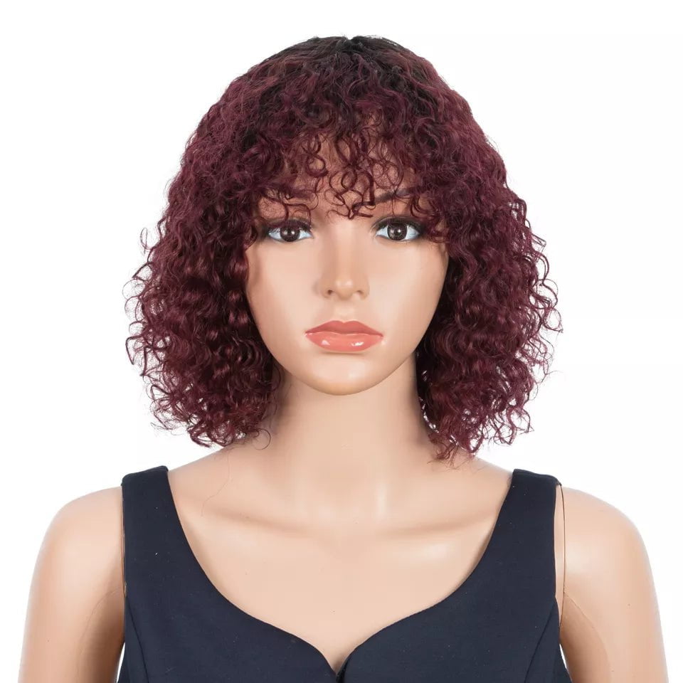 Storazone TT1B-99J / CHINA / 10inches | 180% Trueme Short Curly Bob Human Hair Wigs Highlight Jerry Curly Wig With Bangs Colored Brazilian Deep Curly Non Lace Wig For Women