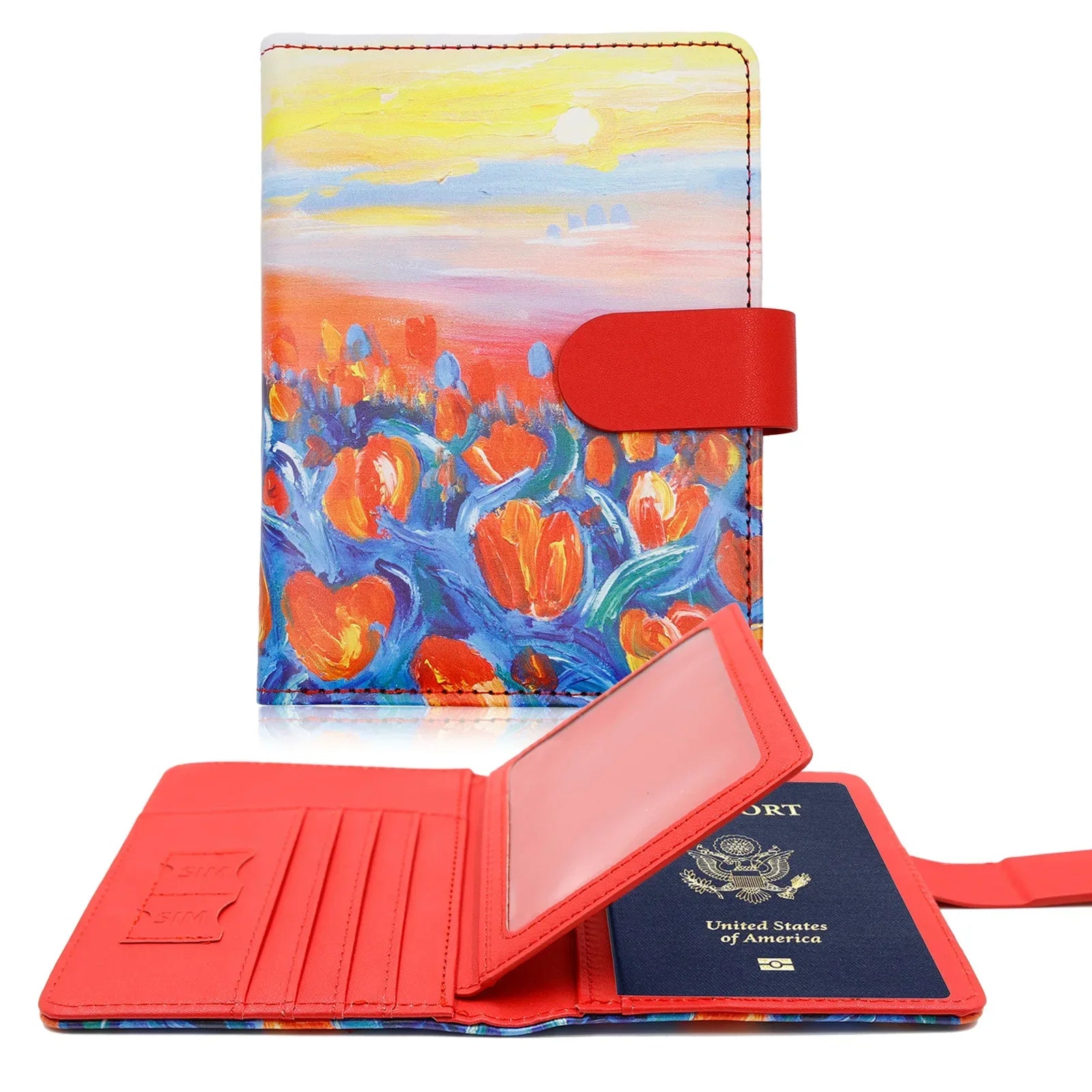 Storazone Tulips Passport Cover PU Leather Man Women Travel Passport Holder with Credit Card Holder Case Wallet Protector Cover Case