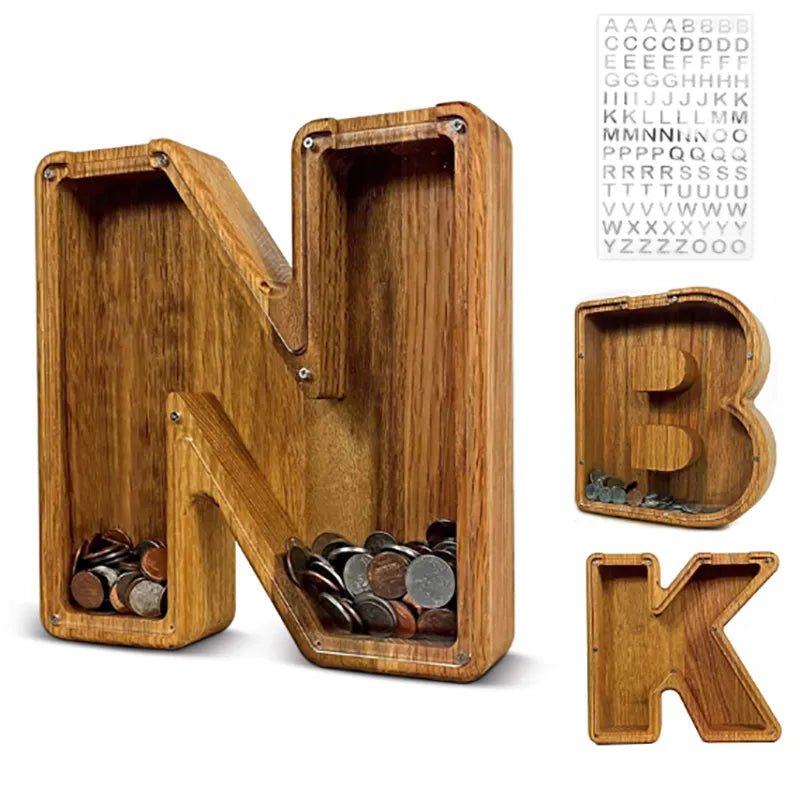 Storazone Twenty-six English Alphabet Moneybox Coin Money Piggy Bank Wooden Letter Saving Box Desktop Ornament Home Decor Crafts For Kids