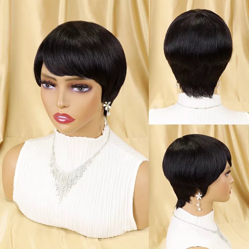 Storazone TYPE2 1B / CHINA / 6inches | 150% peluca Short Straight Human Hair Wigs Pixie Cut Brazilian Hair for Black Women Machine Made Cheap Peruvian Wig Withbang perruque