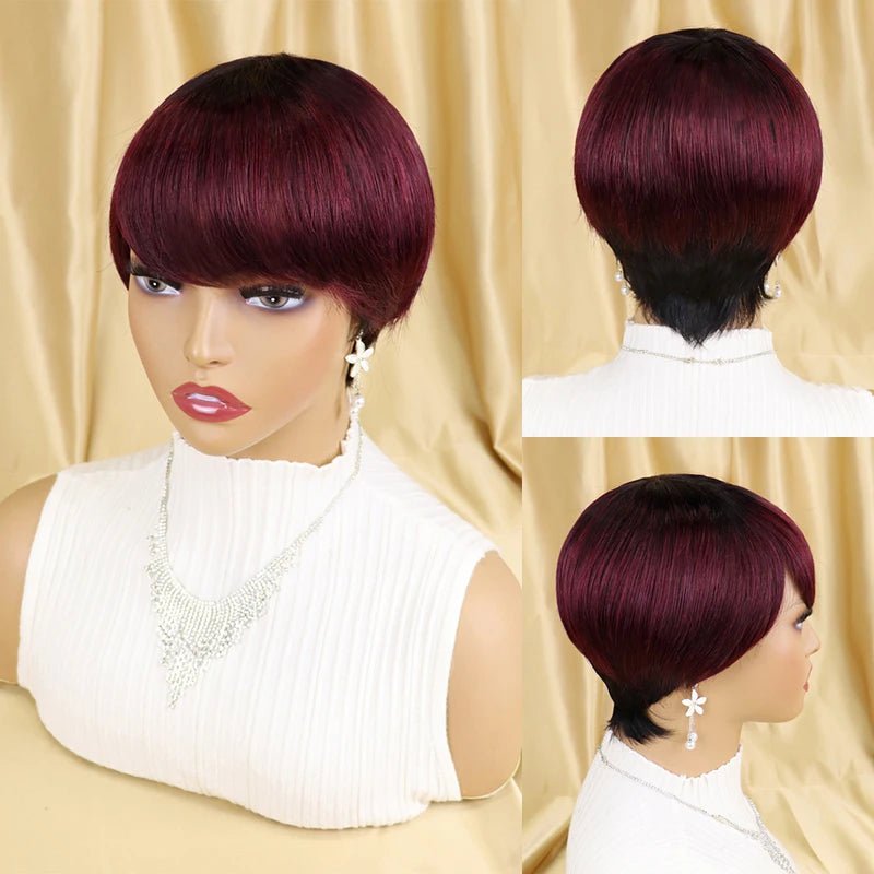Storazone TYPE2  1BT99J / CHINA / 6inches | 150% peluca Short Straight Human Hair Wigs Pixie Cut Brazilian Hair for Black Women Machine Made Cheap Peruvian Wig Withbang perruque