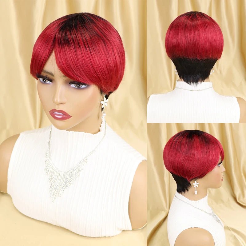 Storazone TYPE2  1BTBUG / CHINA / 6inches | 150% peluca Short Straight Human Hair Wigs Pixie Cut Brazilian Hair for Black Women Machine Made Cheap Peruvian Wig Withbang perruque