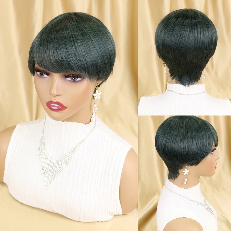 Storazone TYPE2  green / CHINA / 6inches | 150% peluca Short Straight Human Hair Wigs Pixie Cut Brazilian Hair for Black Women Machine Made Cheap Peruvian Wig Withbang perruque